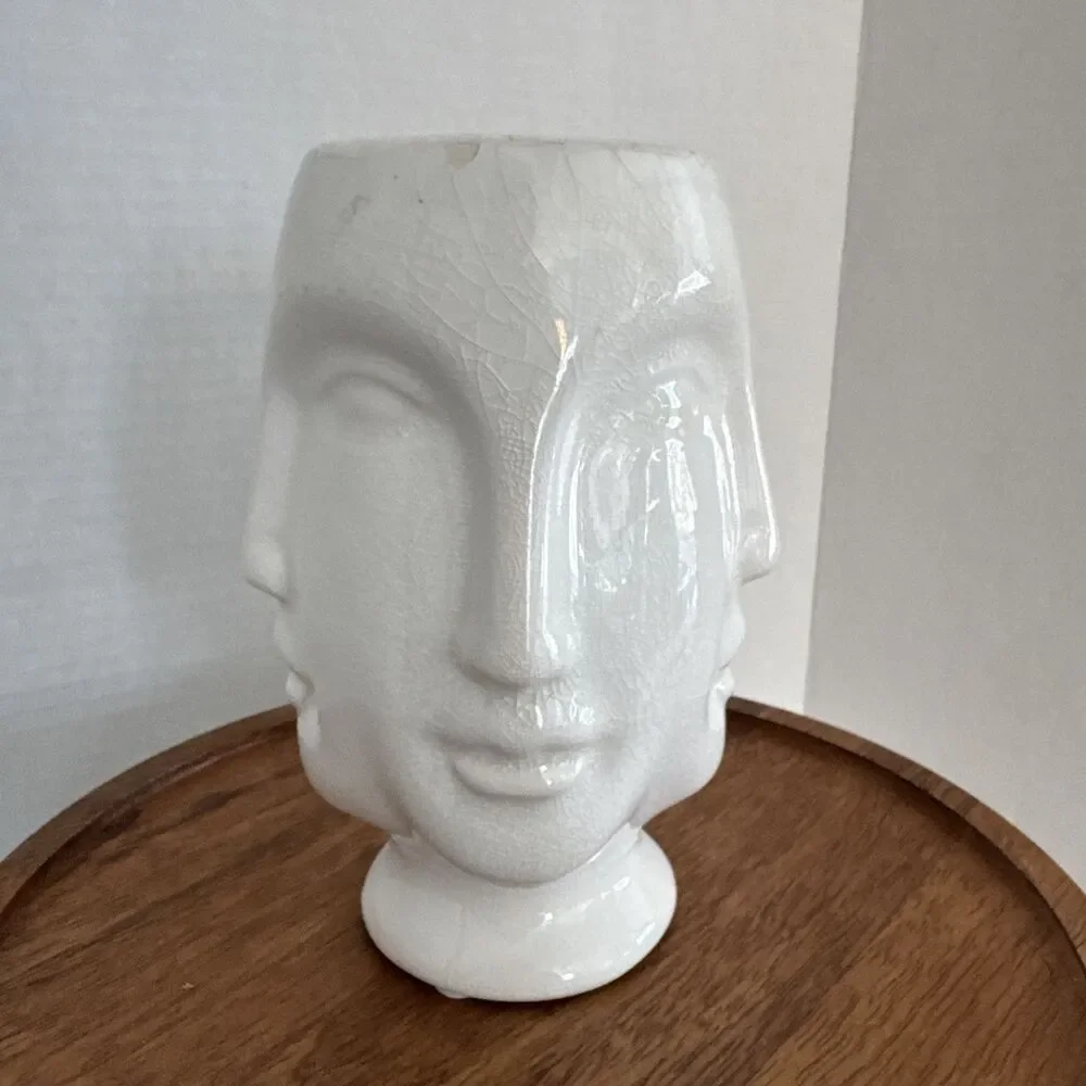 White Crackled Four Faces Vase Interesting Eye Catching